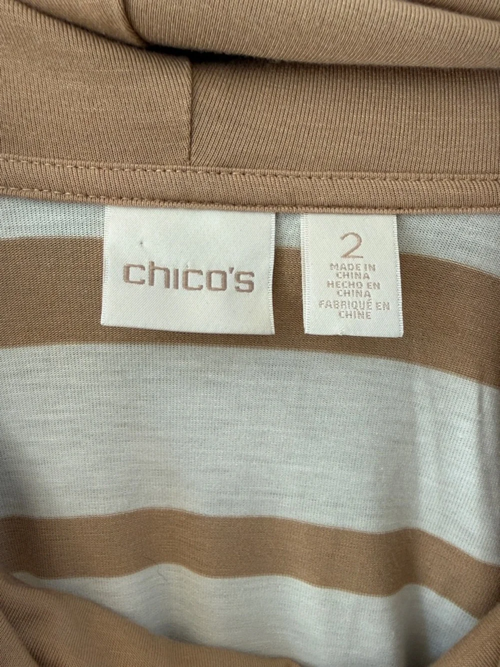 Chico's Striped Cowl Neck Long Sleeve Jersey Tee Top Shirt- Cream & Tan Striped